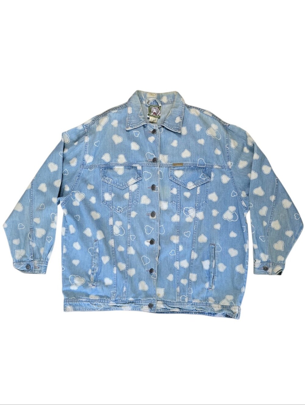 Vintage White Tiger Denim Jacket w Heart Print (Unisex) Sz Wmns Large